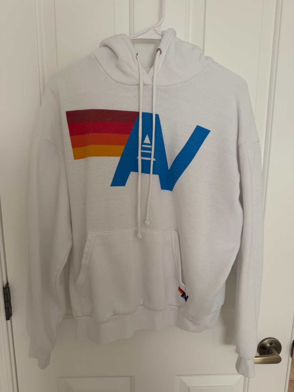 Aviator Nation White Hoodie with Blue AV Logo and Sunset Stripes